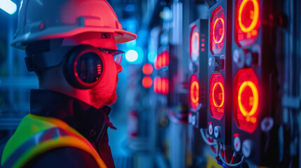 Wall Mural - A focused engineer wearing a hard hat inspects an illuminated control panel in an industrial setting, signifying technical expertise.