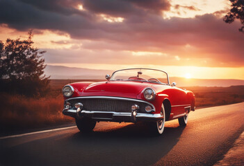 'red retro stay sunset car road asphalt old vintage classic muscle trip drive automotive automobile summer sky blue sport american auto transport 1960s'