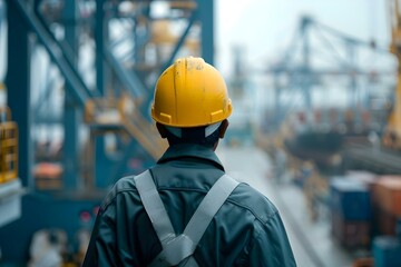 Male worker in hard hat seen from behind at cargo port. Concept Cargo Port Worker, Hard Hat, Industrial Environment, Man at Work, Port Operations