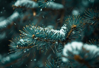 Wall Mural - Snowflakes gently resting on pine needles