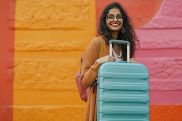 Wall Mural - travelling indian woman holding blue suitcase