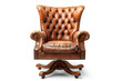 Classic leather swivel chair with tufted backrest and wooden accents, isolated on solid white background.