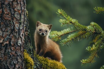 Poster - Pine Marten Peeking from Behind a Tree in a Lush Forest