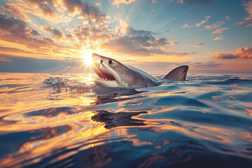 Wall Mural - A shark is swimming in the ocean with the sun shining on it