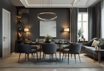 Wall Mural - apartment ning rendering panorama room table living dark room interior wall design empty Modern 3d chairs