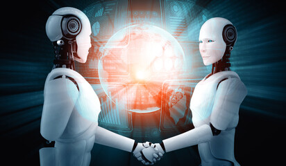 Poster - mlp 3d illustration humanoid robot handshake to collaborate future technology development by ai thin