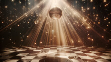 A Sparkling Disco Ball Suspended Above A Checkered Floor, Illuminated By Light Rays And Surrounded By Stars