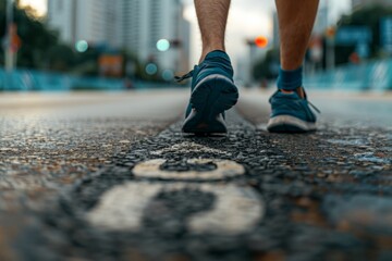 Poster - A man is walking on a city street wearing blue shoes