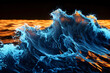 Electric neon blue waves against radiant orange sky. Stunning art on black canvas.