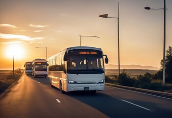'travel fast highway buses sunset idyllic bus road transport autumn drive sun white expressway motion blurred straight vanishing point horizon trip speed gold'
