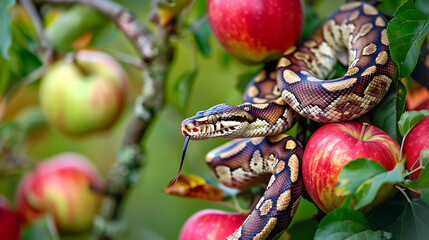 a python snake gracefully coiled around red apples on a tree. The snake’s intricate patterns contrast with the inviting appearance of the ripe fruit