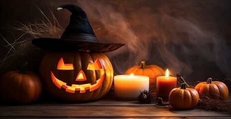 a group of pumpkins with a witch hat on top of them and candles around them on a wooden table..