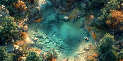 Wall Mural - a river surrounded by trees and rocks in a forest area with a waterfall in the middle of the picture