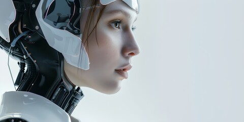 Poster - woman with a helmet on her head and a clock on her face, looking at something in the distance