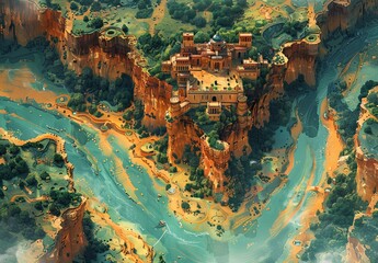 Wall Mural - a painting of a castle on a cliff above a river and a mountain range with a river running through it