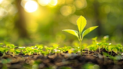 Canvas Print - Young plant sprouting from soil with sunlight filtering through