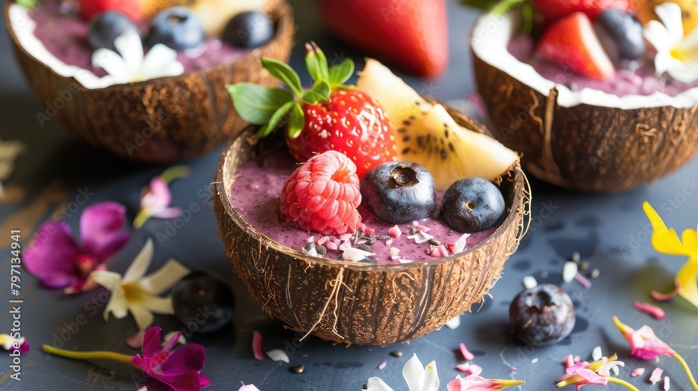 Acai berry smoothie bowls served in coconut shells with tropical fruit ...