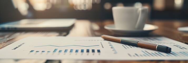 Poster - a pen and a cup on a table with papers and a pen on it with a cup of coffee in the background