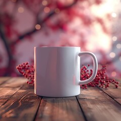 Poster - White mug on wooden table with blurred floral background