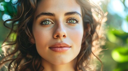 Canvas Print - Portrait of a young woman with curly hair and green eyes in natural light