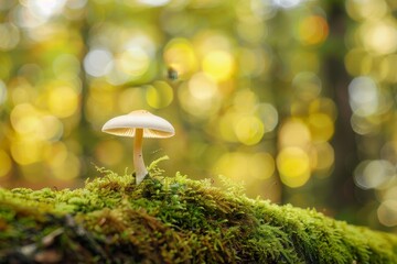 Poster - Mushroom on a mossy log with sunlit forest background