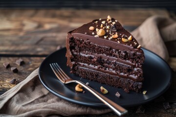 Wall Mural - Decadent chocolate cake slice with nuts on a dark plate
