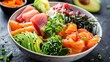 colorful poke bowl with fresh raw fish, avocado, seaweed, and brown rice, providing a nutritious and flavorful meal option.