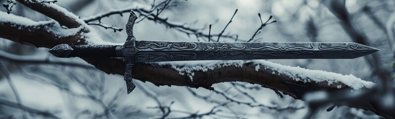 Poster - Mystical Sword Resting on Snow-Covered Branch in Winter Forest