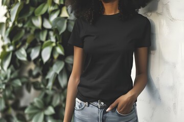 Wall Mural - Mockup of black womans tshirt showing front and back design options. Concept Clothing Design, T-shirt Mockup, Black Woman's Style, Front and Back Designs, Fashion Choices