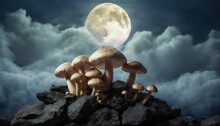A Group Of Mushrooms Sitting On Top Of A Pile Of Rocks Under A Full Moon In A Sky Filled With Clouds