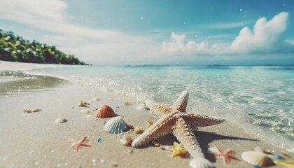 Wall Mural - sea coast with sand ocean wave shells and star fish on tropical island beach with sandy seaside blue transparent water surface paradise island exotic tropical