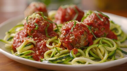Wall Mural - plate of zucchini noodles with marinara sauce and lean turkey meatballs, showcasing a low-carb and protein-rich meal.
