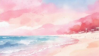 Wall Mural - realistic sea beach background in watercolor style pink pastel color tone generative ai