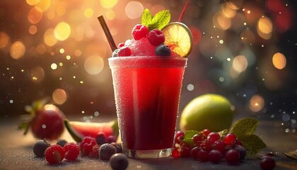 Poster - red iced slushy with a subtle lights background with fresh fruit