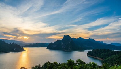 Wall Mural - beautiful scenery during sunset of ratchaprapa dam cheow lan dam viewpoint at surat thani province in thailand this is very popular for photographers and tourists