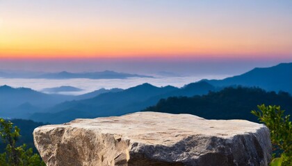 Sticker - stone podium table top on with outdoor mountains pastel color scene nature landscape at sunrise blur background natural beauty cosmetic or healthy product placement presentation pedestal display