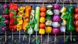variety of colorful vegetable skewers ready for grilling, encouraging plant-based eating for health and wellness.