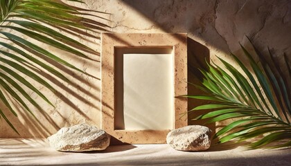 mock up with rectangle stone frame and natural soft shadow from palm leaves for product presentation or showcase on beige textured background