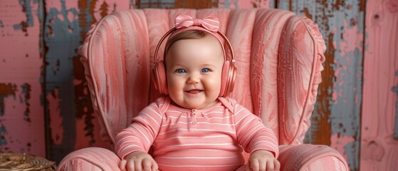 cute baby wearing headphones to listen to music, music has a positive effect on the child's cognitive development concept. ai generative