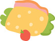 Flat design taco graphic yellow shell, green lettuce, pink topping, red tomato. Cartoon taco illustration perfect menu childrens book, drawing isolated white background, simplistic food illustration
