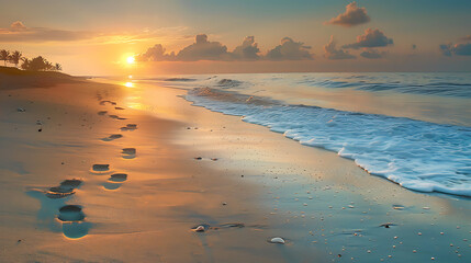 Poster - A serene image capturing the tranquil beauty of a morning on the beach. The sun rises over the horizon, casting a soft golden glow across the sand and sea