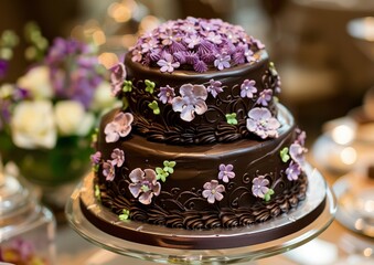 Wall Mural - Elegant chocolate cake decorated with purple flowers on display