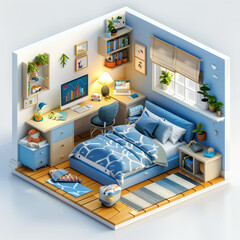 Isometric modern kids bedroom interior, 3D illustration.