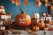 © akkash jpg - 'hello fall message pumpkins blue background pumpkin autumn hallo season happy hi squashes squash vegetable food many lot collection assortment table wooden wood sky leaf copy space white orange card'