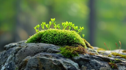 Sticker - Fresh green moss growing on a rock in a serene forest