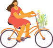 Woman cycling leisurely, enjoying sunny day. Female cyclist wears casual dress, rides orange bike, carries flowers basket. Smiling lady curly hair, glasses pedals through leisure scene