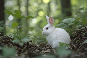 Wall Mural - White rabbit sitting in a forest clearing