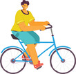 Young adult male rides blue bicycle, casual attire, happy expression, outdoor activity, healthy lifestyle, vibrant colors. Cartoon character cycling, sporty look, short hair, shorts, tshirt