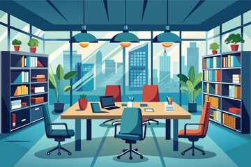 Poster - a sleek financial planning firm office with private meeting rooms, investment charts, and a quiet li