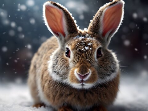 Brown wild rabbit in the snow